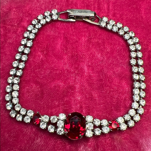 Vintage Jewelry - VTG Art Deco Style LIND Silver Plated Ruby Red Clear Rhinestone Tennis Bracelet